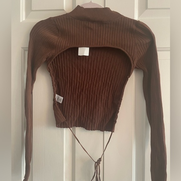 Rib Knit Sweater Open Back Medium Tie Back Turtleneck - Picture 5 of 7